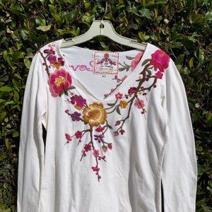 Johnny Was Long Sleeve White Embroidered Bouse